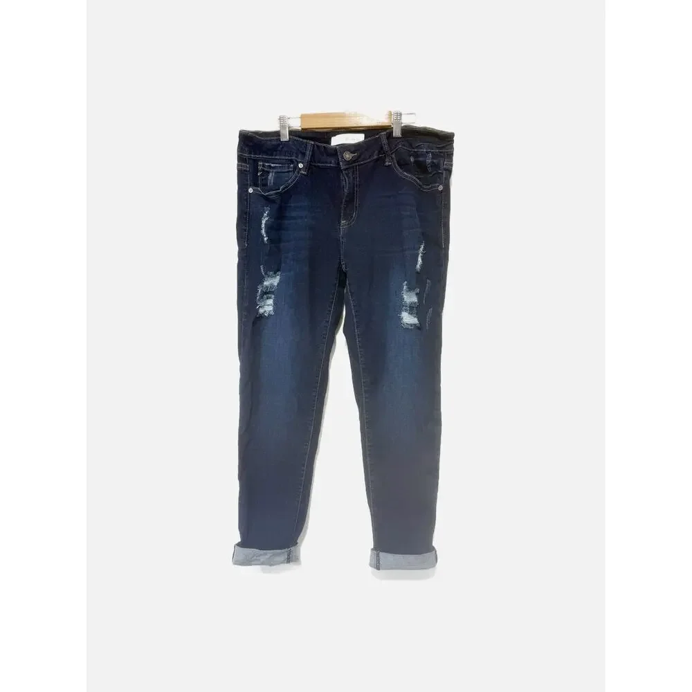 Kancan Straight Leg Mid Rise Jean Dark Wash Distressed Raw Hem Size 15/31